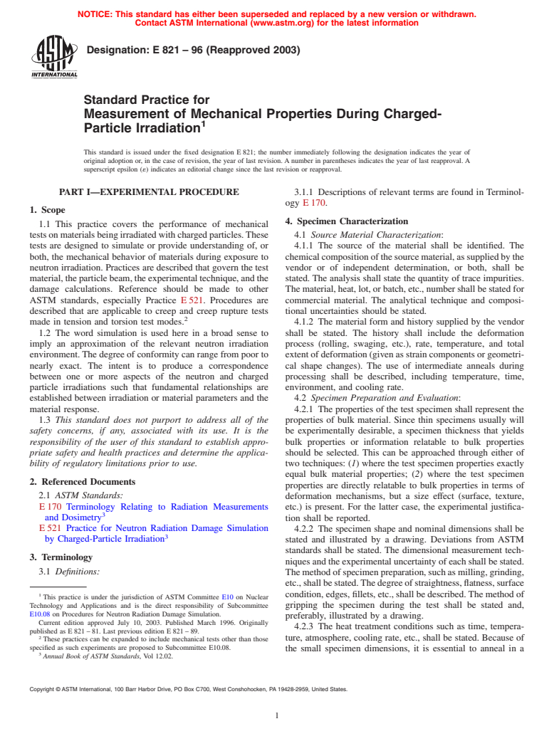 ASTM E821-96(2003) - Standard Practice for Measurement of Mechanical Properties During Charged-Particle Irradiation