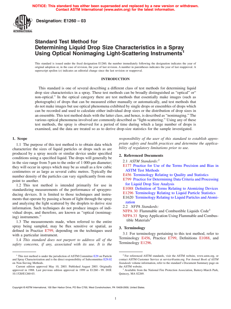 ASTM E1260-03 - Standard Test Method for Determining Liquid Drop Size Characteristics in a Spray Using Optical Nonimaging Light-Scattering Instruments