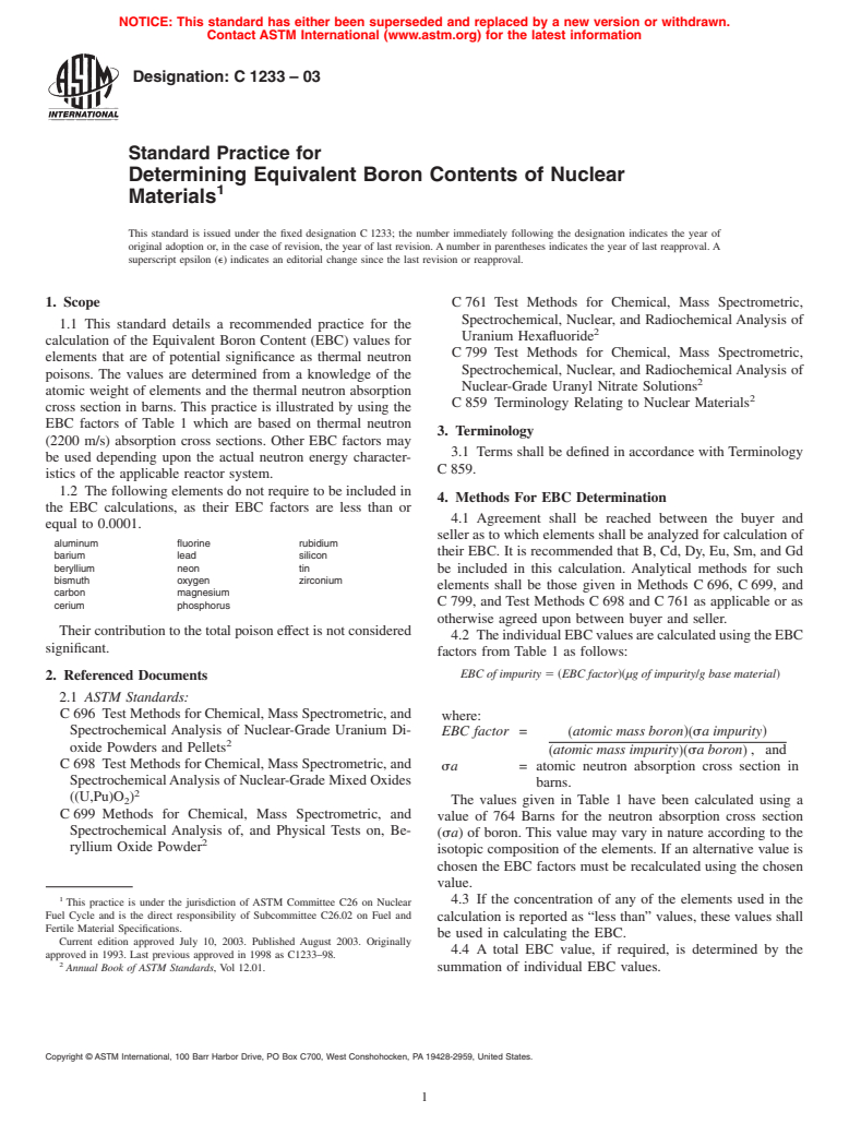 ASTM C1233-03 - Standard Practice for Determining Equivalent Boron Contents of Nuclear Materials