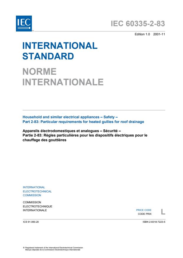 IEC 60335-2-83:2001 - Household and similar electrical appliances - Safety - Part 2-83: Particular requirements for heated gullies for roof drainage