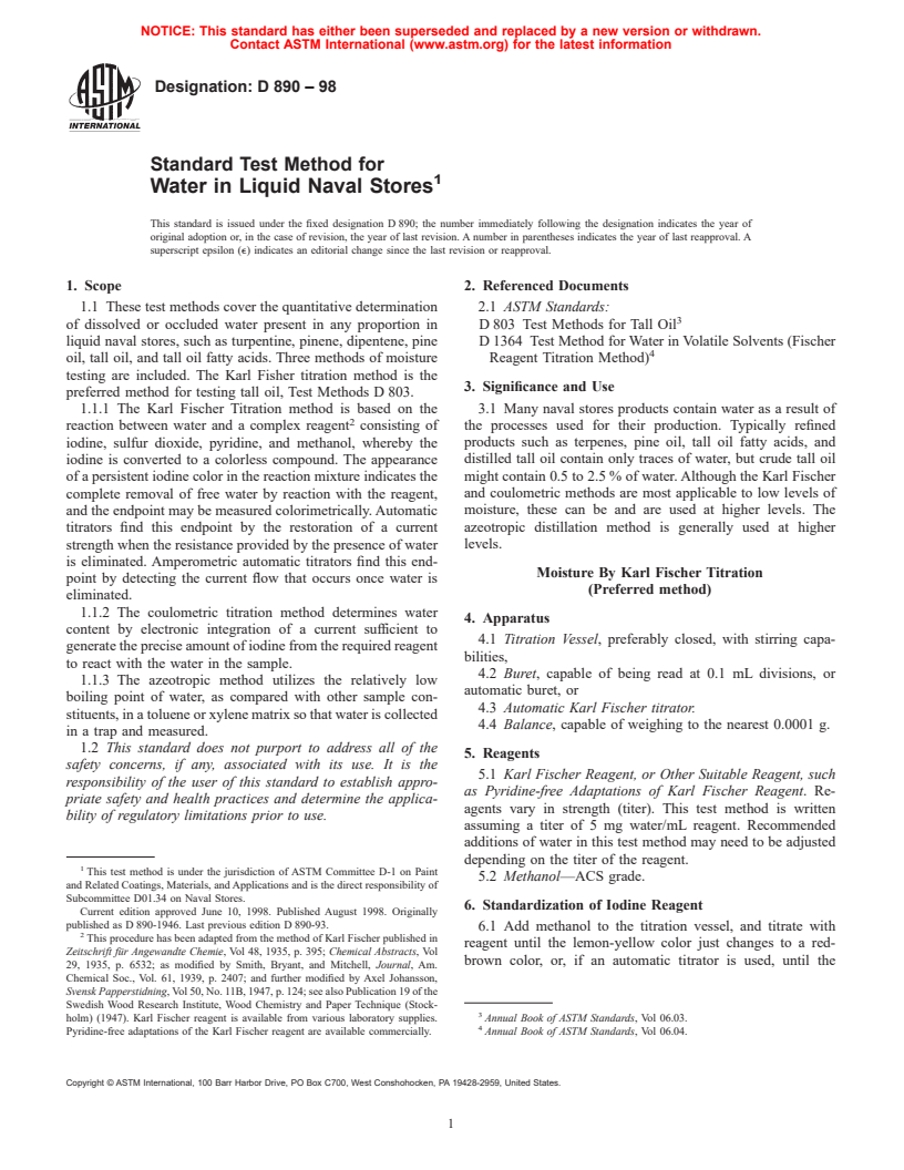 ASTM D890-98 - Standard Test Method for Water in Liquid Naval Stores