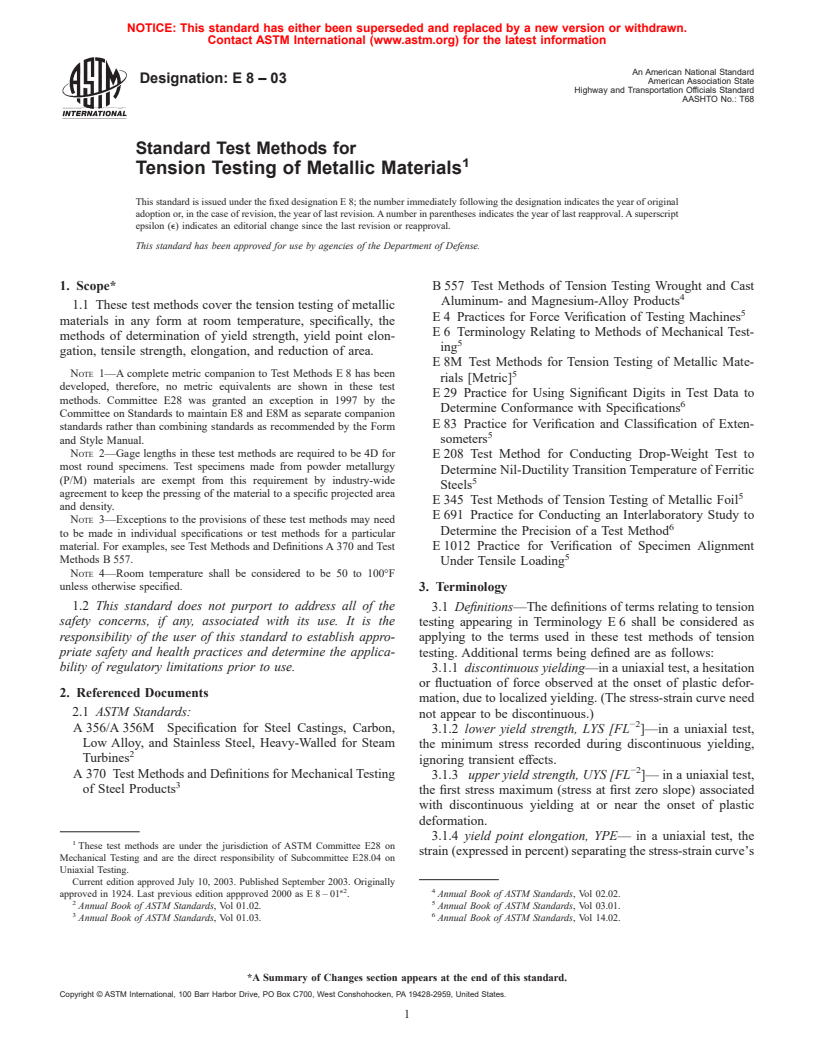ASTM E8-03 - Standard Test Methods for Tension Testing of Metallic Materials