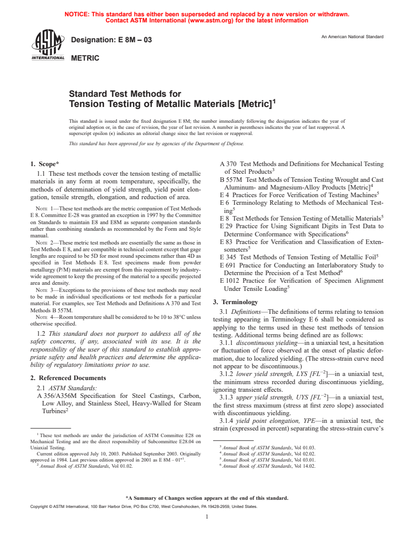 ASTM E8M-03 - Standard Test Methods for Tension Testing of Metallic Materials [Metric]