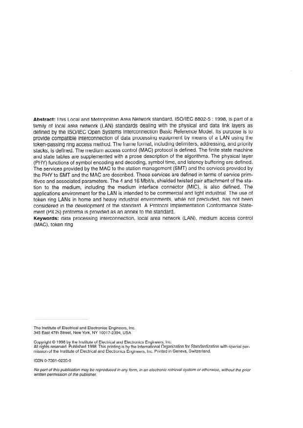 ISO/IEC 8802-5:1998 ISO/IEC 8802-5:1998 - Information technology -- Telecommunications and information exchange between systems -- Local and metropolitan area networks -- Specific requirements - Page 2 preview