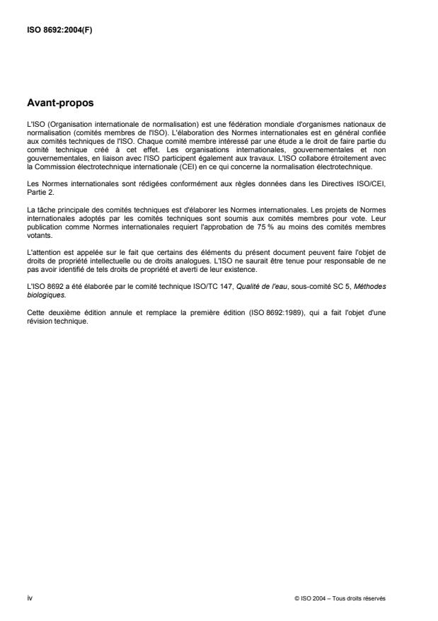 ISO 8692:2004 ISO 8692:2004 - Qualité de l'eau -- Essai d'inhibition de la croissance des algues d'eau douce avec des algues vertes unicellulaires - Page 4 preview