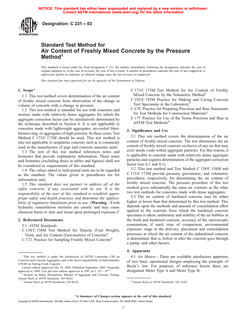 ASTM C231-03 - Standard Test Method for Air Content of Freshly Mixed Concrete by the Pressure Method