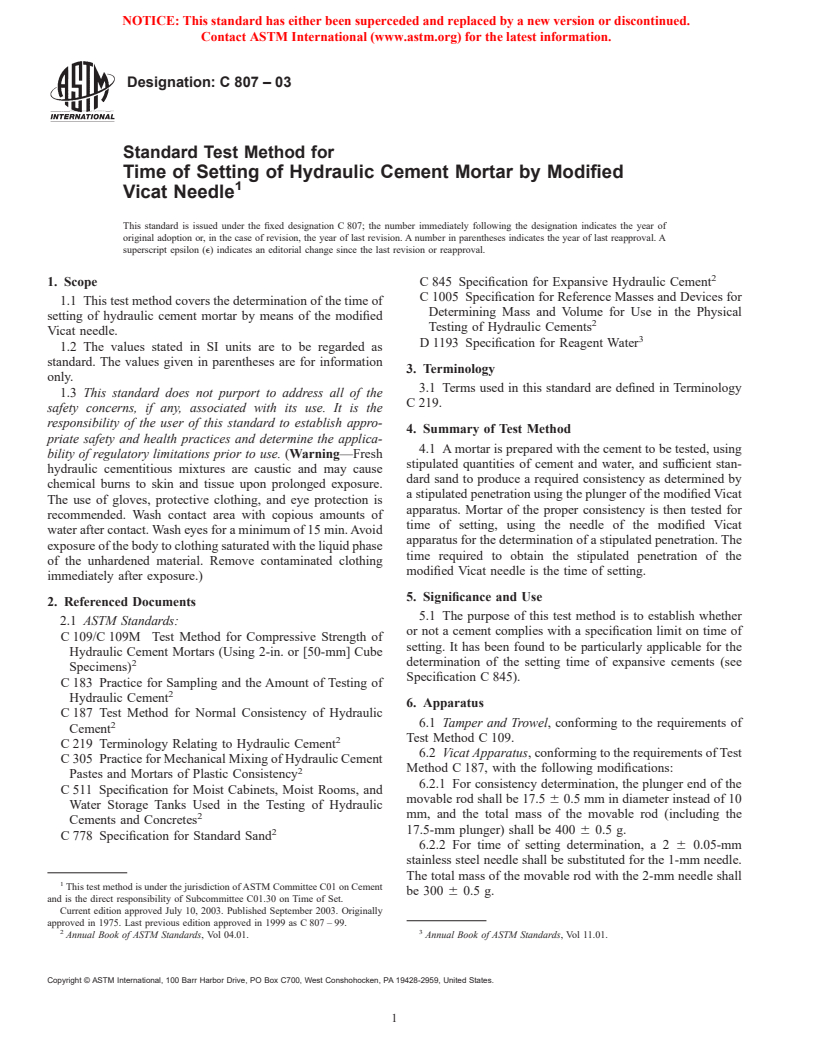 ASTM C807-03 - Standard Test Method for Time of Setting of Hydraulic Cement Mortar by Modified Vicat Needle