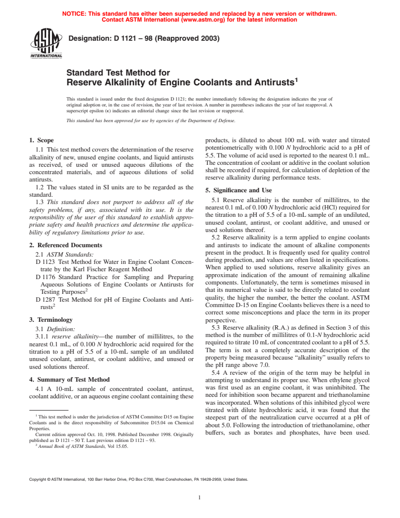 ASTM D1121-98(2003) - Standard Test Method for Reserve Alkalinity of Engine Coolants and Antirusts