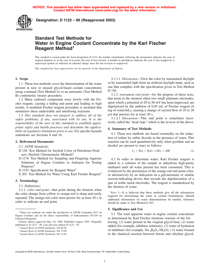 ASTM D1123-99(2003) - Standard Test Methods for Water in Engine Coolant Concentrate by the Karl Fischer Reagent Method