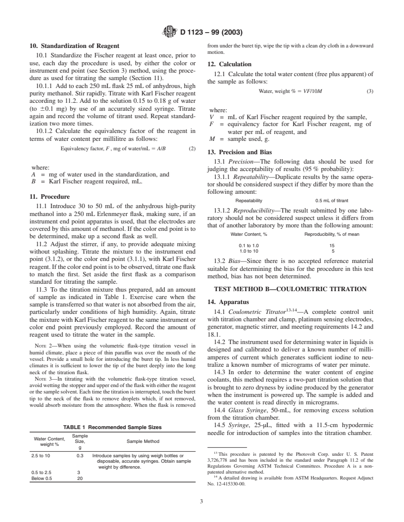 ASTM D1123-99(2003) - Standard Test Methods for Water in Engine Coolant Concentrate by the Karl Fischer Reagent Method