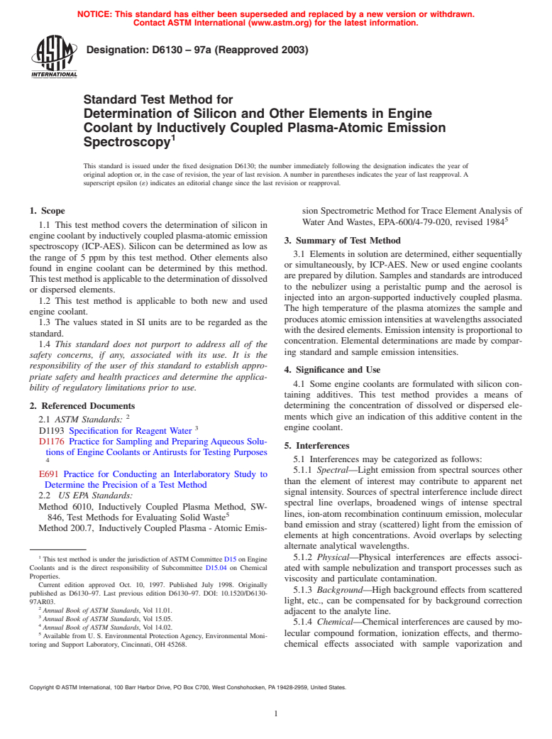 ASTM D6130-97a(2003) - Standard Test Method for Determination of Silicon and Other Elements in Engine Coolant by Inductively Coupled Plasma-Atomic Emission Spectroscopy