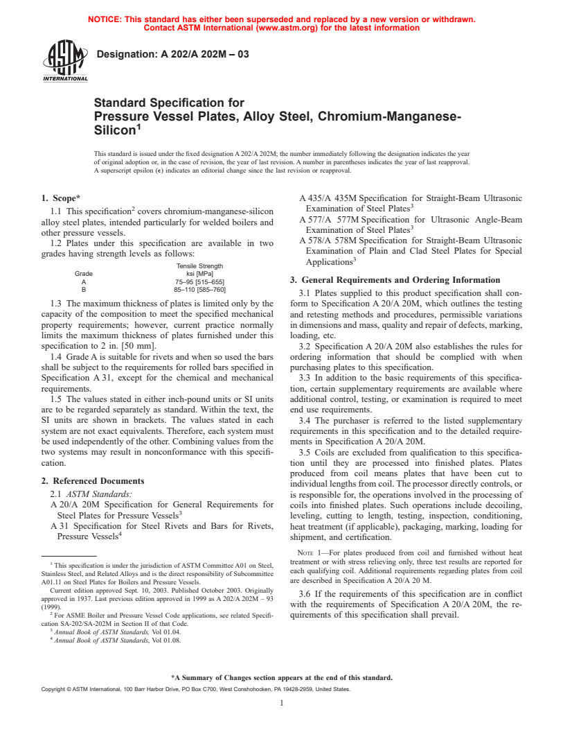 ASTM A202/A202M-03 - Standard Specification for Pressure Vessel Plates, Alloy Steel, Chromium-Manganese-Silicon (Withdrawn 2004)