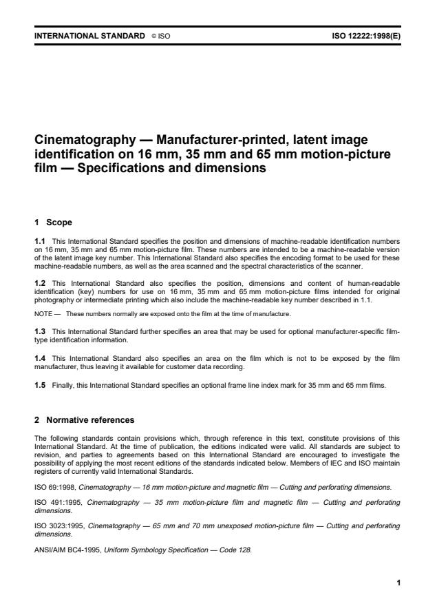 ISO 12222:1998 - Cinematography -- Manufacturer-printed, latent image identification on 16 mm, 35 mm and 65 mm motion-picture film -- Specifications and dimensions