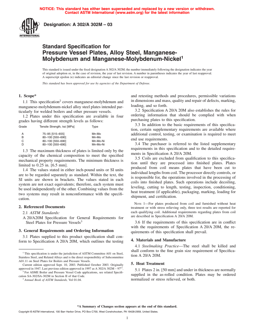 ASTM A302/A302M-03 - Standard Specification for Pressure Vessel Plates, Alloy Steel, Manganese-Molybdenum and Manganese-Molybdenum-Nickel