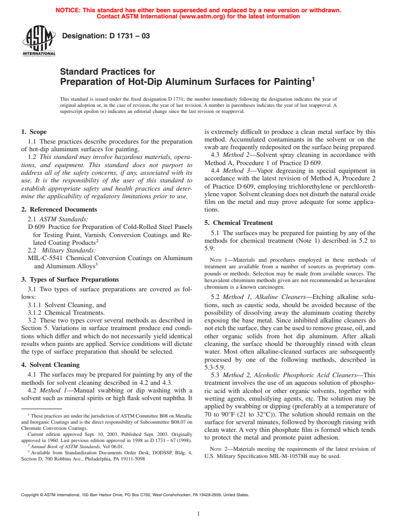 ASTM D1731-03 - Standard Practices for Preparation of Hot-Dip Aluminum Surfaces for Painting