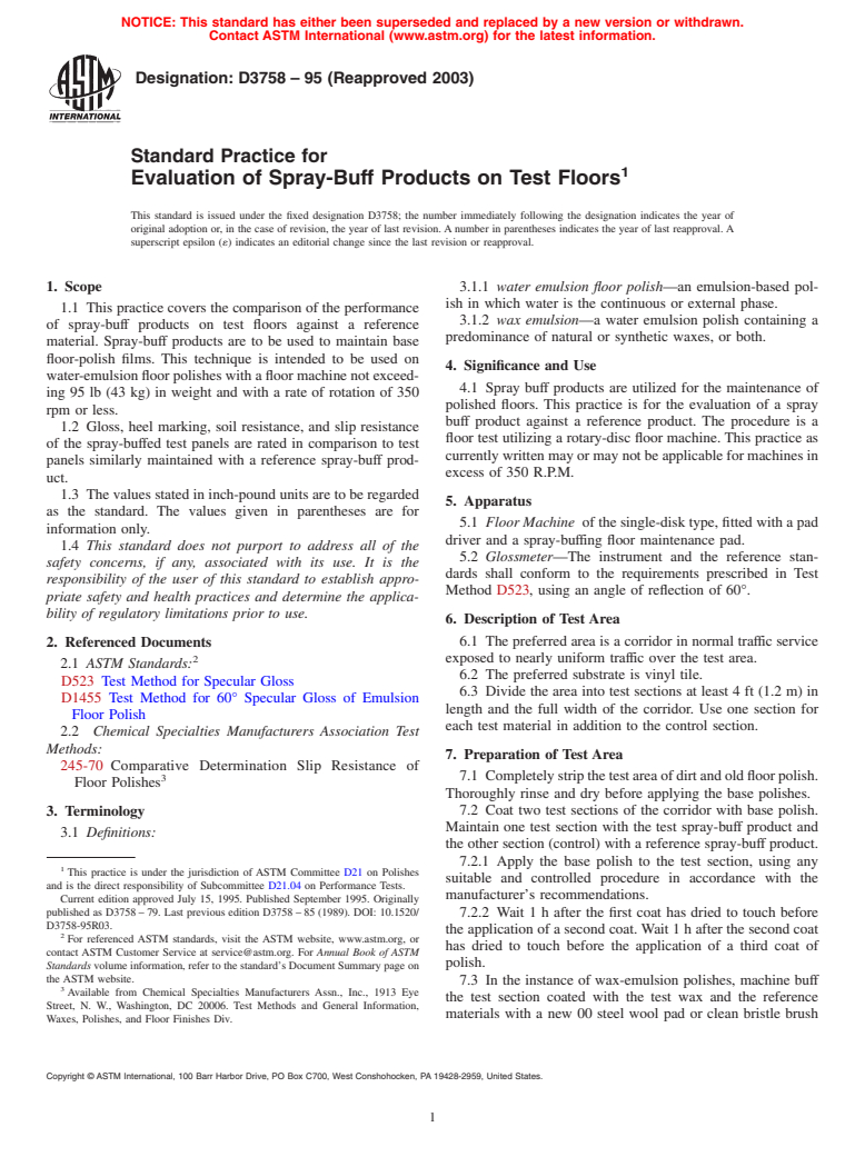 ASTM D3758-95(2003) - Standard Practice for Evaluation of Spray-Buff Products on Test Floors