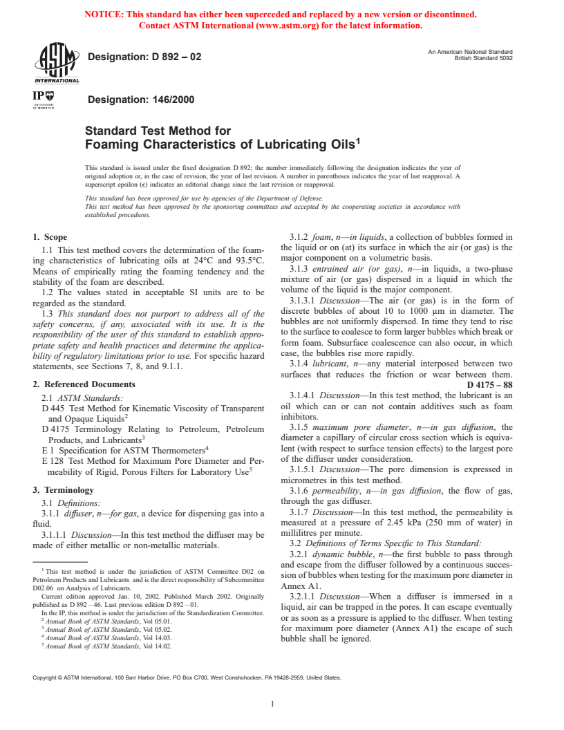 ASTM D892-02 - Standard Test Method for Foaming Characteristics of Lubricating Oils