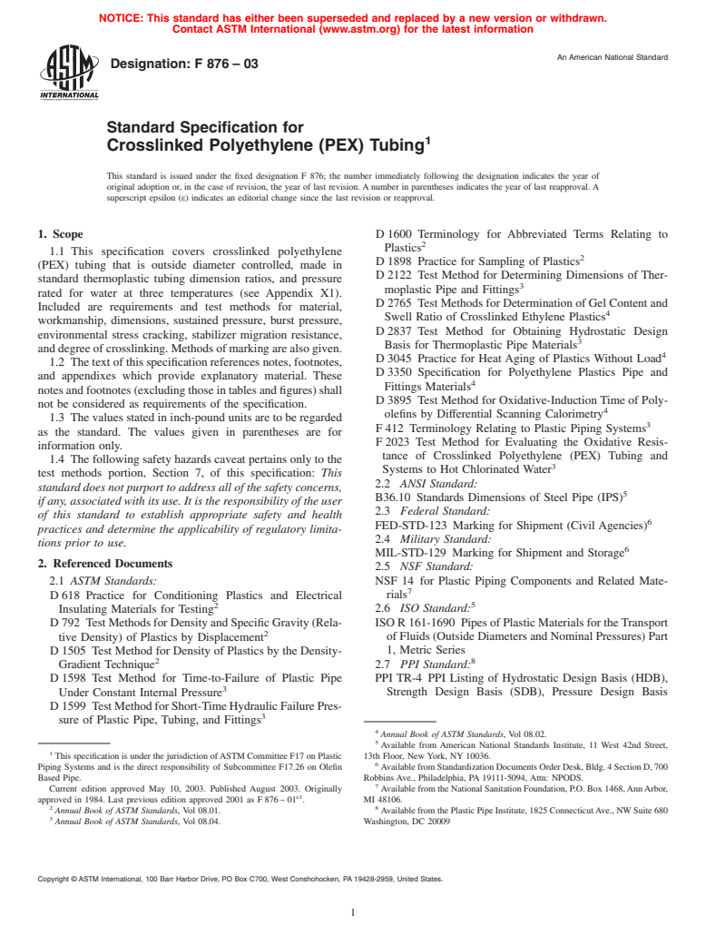 ASTM F876-03 - Standard Specification for Crosslinked Polyethylene (PEX) Tubing