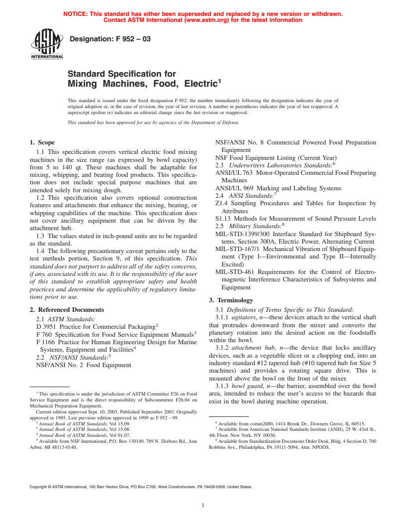 ASTM F952-03 - Standard Specification for Mixing Machines, Food, Electric