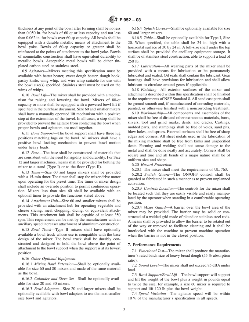 ASTM F952-03 - Standard Specification for Mixing Machines, Food, Electric