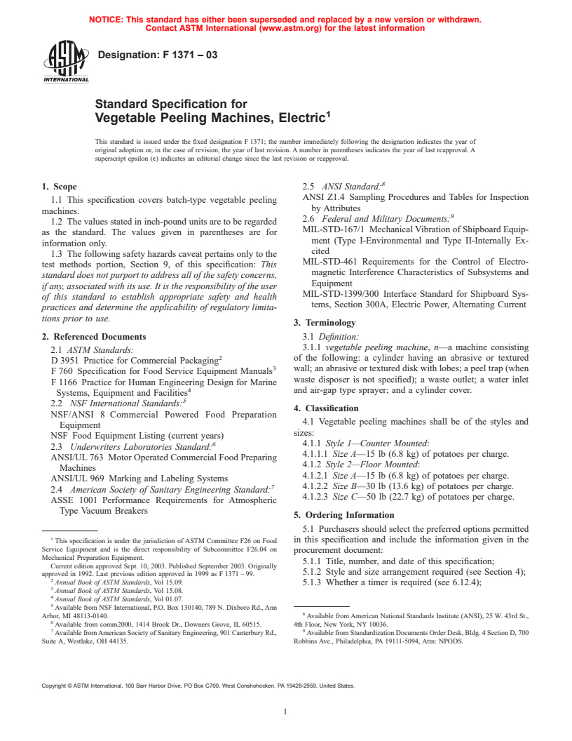 ASTM F1371-03 - Standard Specification for Vegetable Peeling Machines, Electric