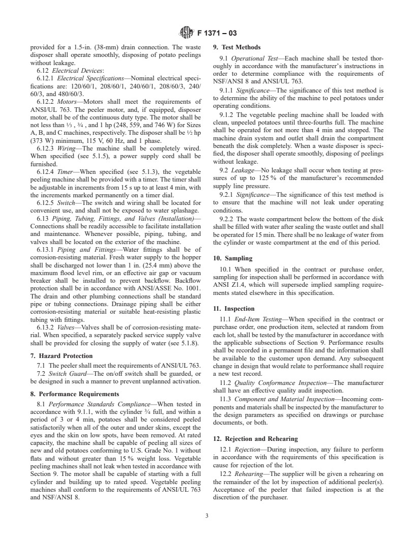 ASTM F1371-03 - Standard Specification for Vegetable Peeling Machines, Electric