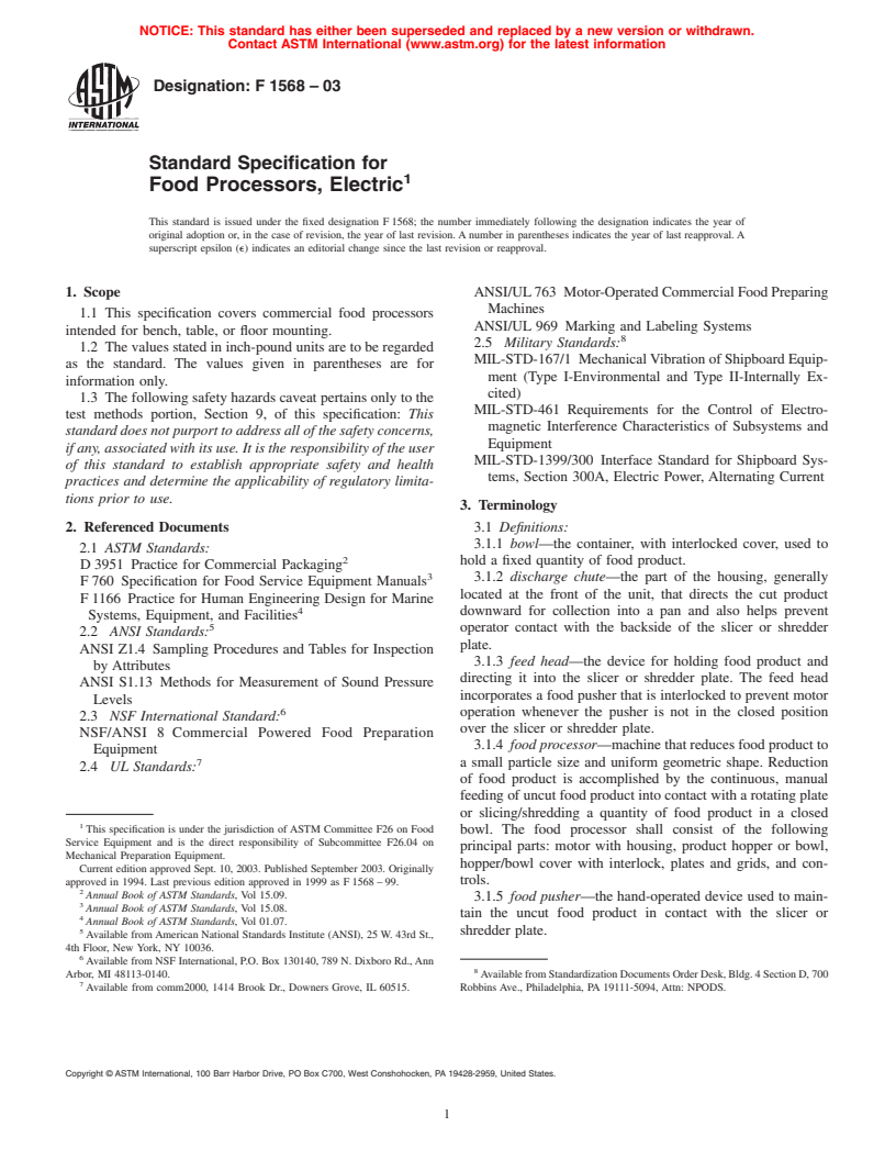 ASTM F1568-03 - Standard Specification for Food Processors, Electric