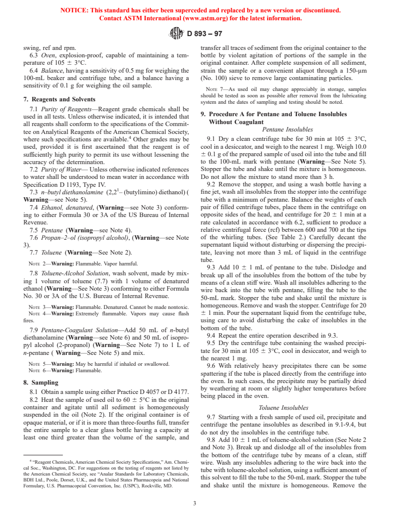 ASTM D893-97 - Standard Test Method for Insolubles In Used Lubricating Oils