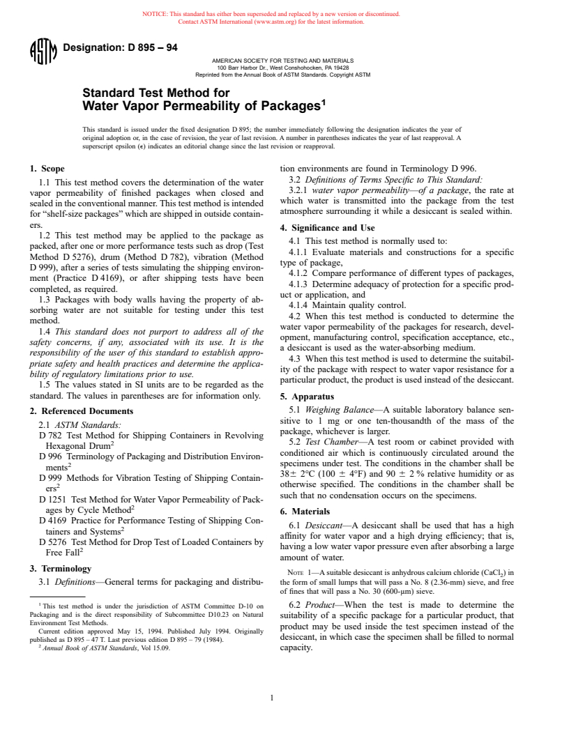 ASTM D895-94 - Standard Test Method for Water Vapor Permeability of Packages (Withdrawn 1999)