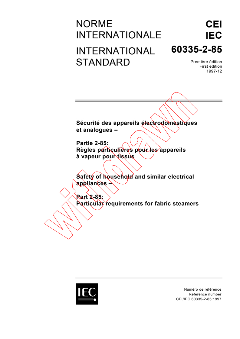 IEC 60335-2-85:1997 - Safety of household and similar electrical appliances - Part 2-85: Particular requirements for fabric steamers
Released:12/11/1997
Isbn:2831841852