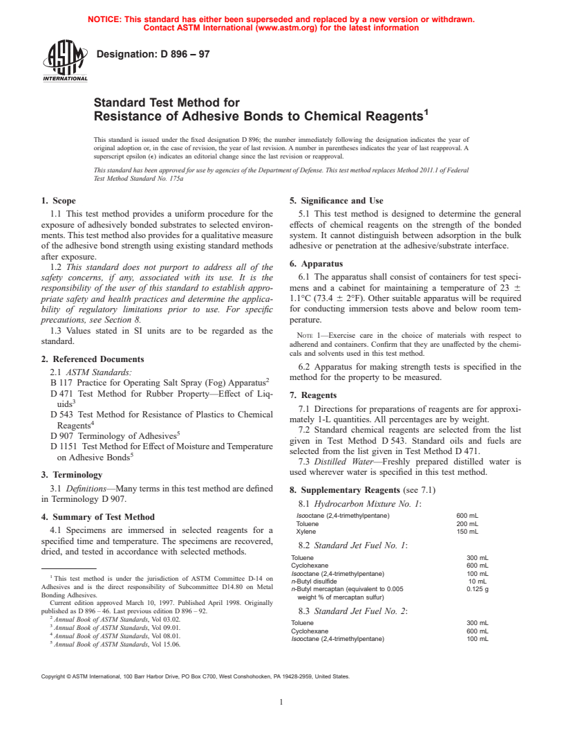 ASTM D896-97 - Standard Test Method for Resistance of Adhesive Bonds to Chemical Reagents
