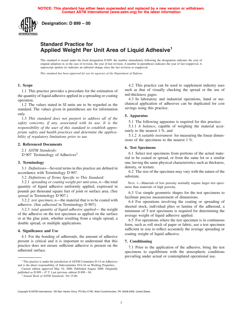 ASTM D899-00 - Standard Practice for Applied Weight Per Unit Area of Liquid Adhesive