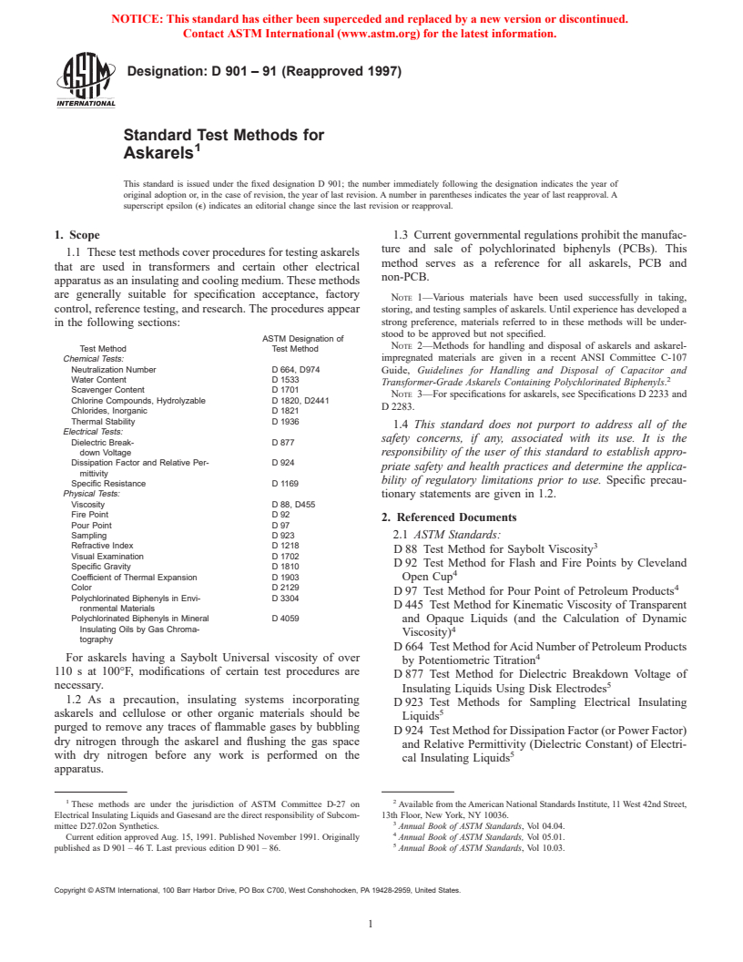 ASTM D901-91(1997) - Standard Test Methods for Askarels (Withdrawn 2004)