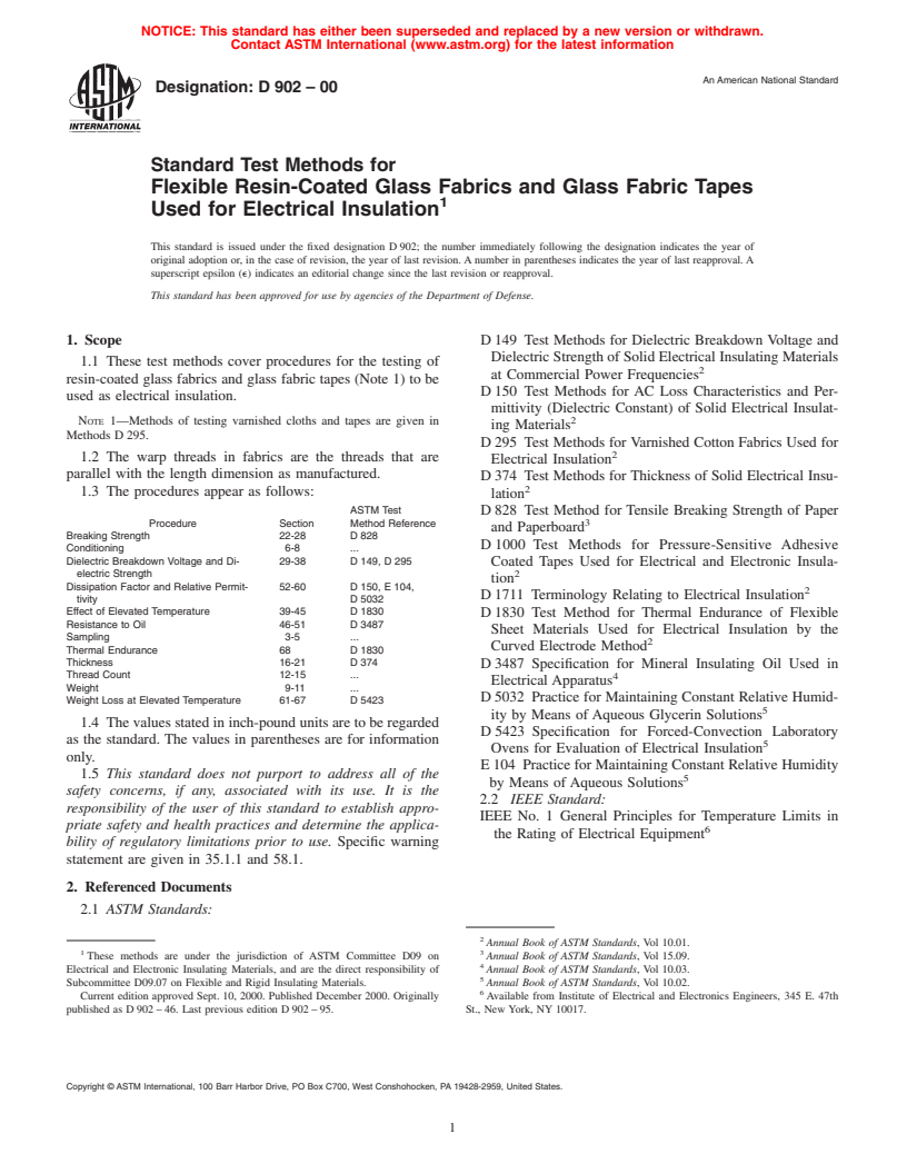 ASTM D902-00 - Standard Test Methods for Flexible Resin-Coated Glass Fabrics and Glass Fabric Tapes Used for Electrical Insulation