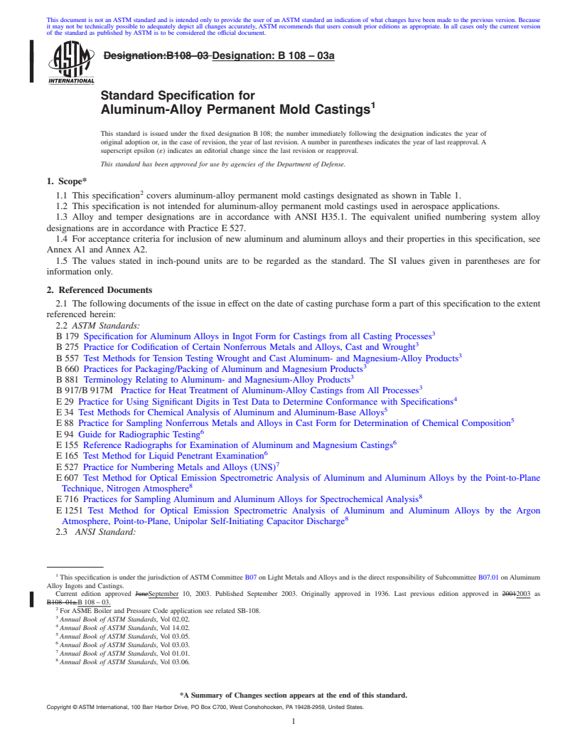 REDLINE ASTM B108-03a - Standard Specification for Aluminum-Alloy Permanent Mold Castings