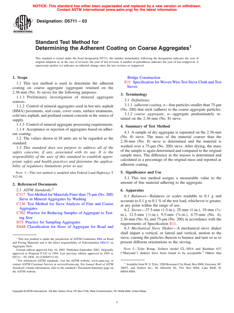 ASTM D5711-03 - Standard Test Method for Determining the Adherent Coating on Coarse Aggregates (Withdrawn 2012)