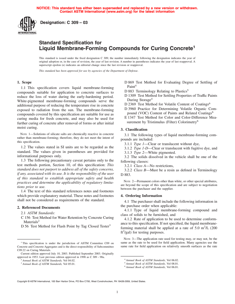 ASTM C309-03 - Standard Specification for Liquid Membrane-Forming Compounds for Curing Concrete