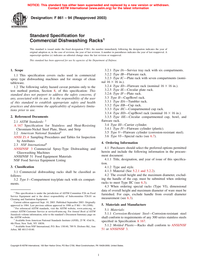 ASTM F861-94(2003) - Standard Specification for Commercial Dishwashing Racks