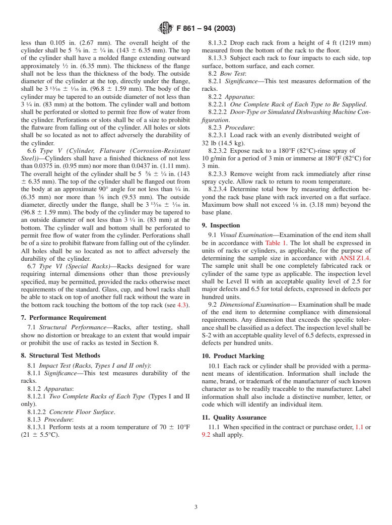 ASTM F861-94(2003) - Standard Specification for Commercial Dishwashing Racks