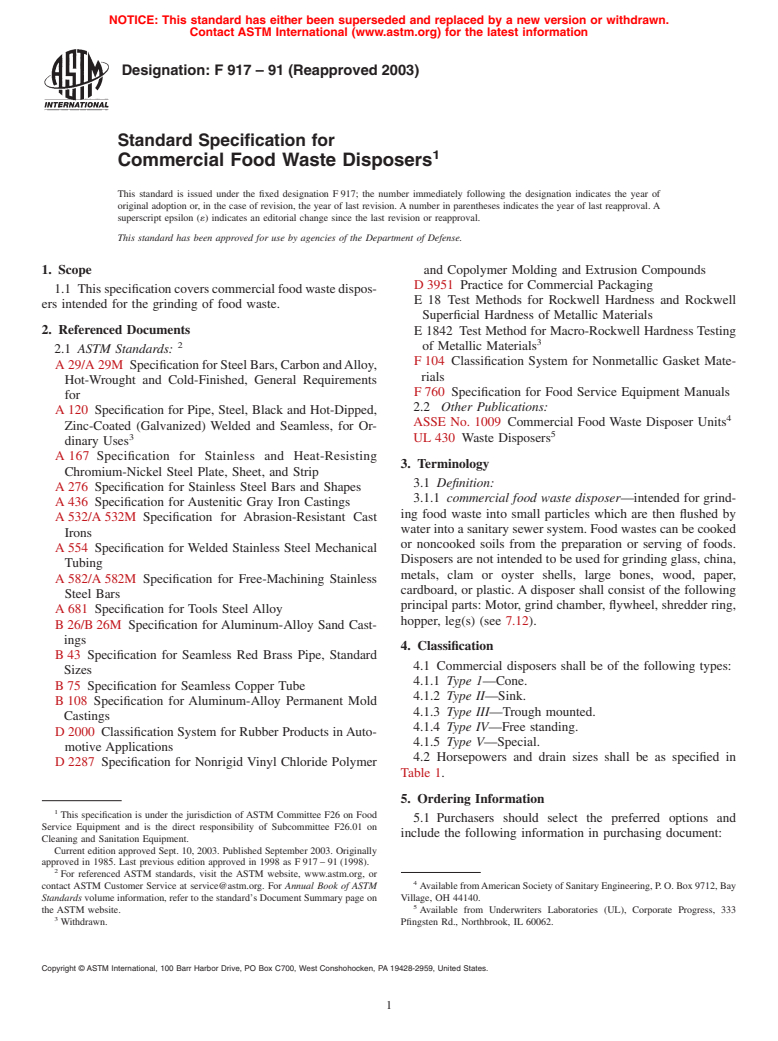 ASTM F917-91(2003) - Standard Specification for Commercial Food Waste Disposers