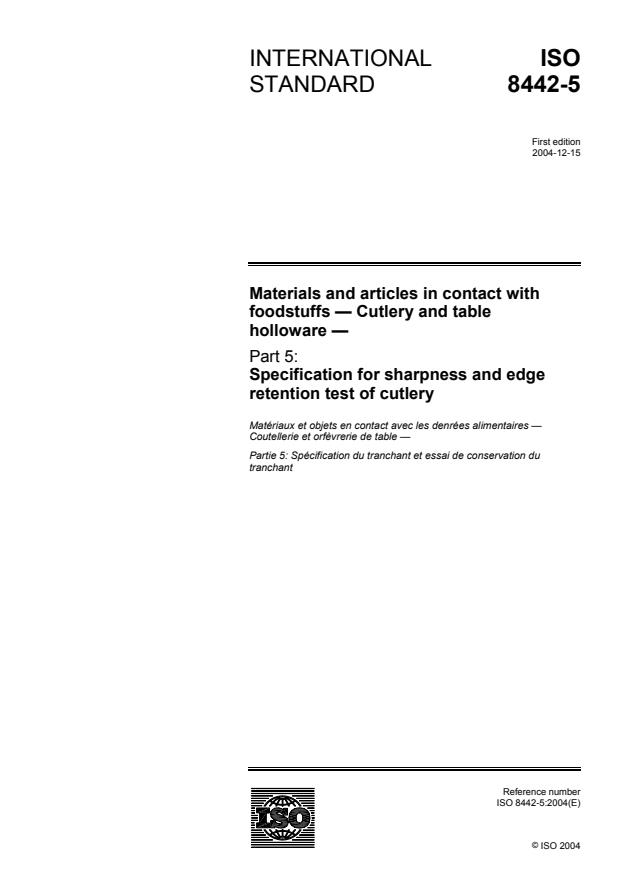 ISO 8442-5:2004 - Materials and articles in contact with foodstuffs -- Cutlery and table holloware
