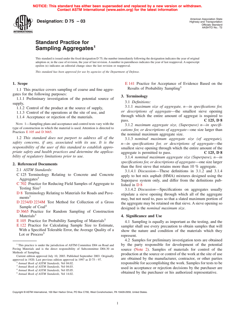 ASTM D75-03 - Standard Practice for Sampling Aggregates