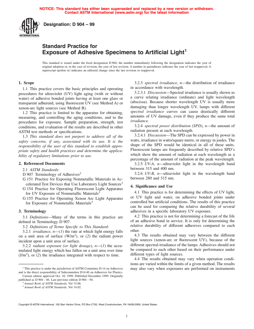 ASTM D904-99 - Standard Practice for Exposure of Adhesive Specimens to Artificial Light