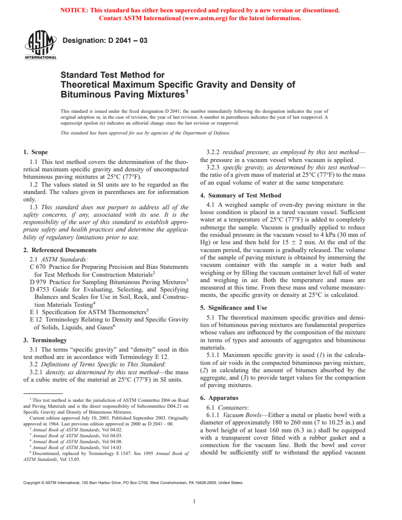 ASTM D2041-03 - Standard Test Method for Theoretical Maximum Specific Gravity and Density of Bituminous Paving Mixtures