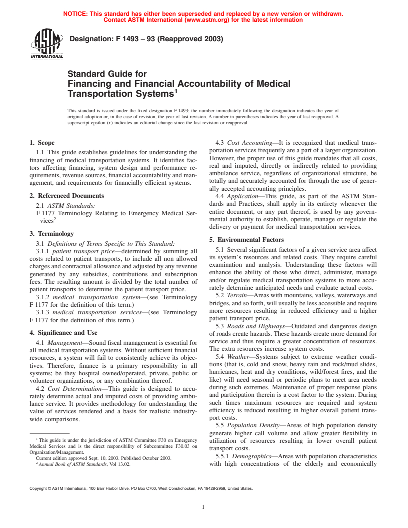 ASTM F1493-93(2003) - Standard Guide for Financing and Financial Accountability of Medical Transportation Systems