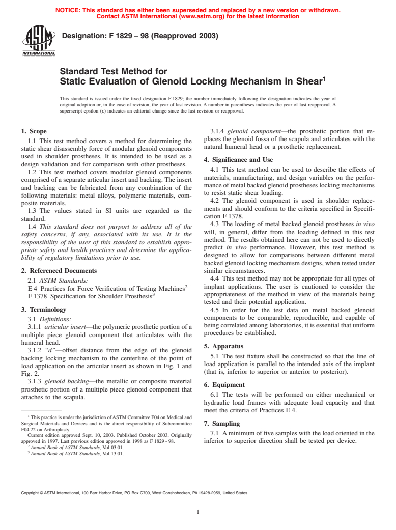 ASTM F1829-98(2003) - Standard Test Method for Static Evaluation of the Glenoid Locking Mechanism in Shear