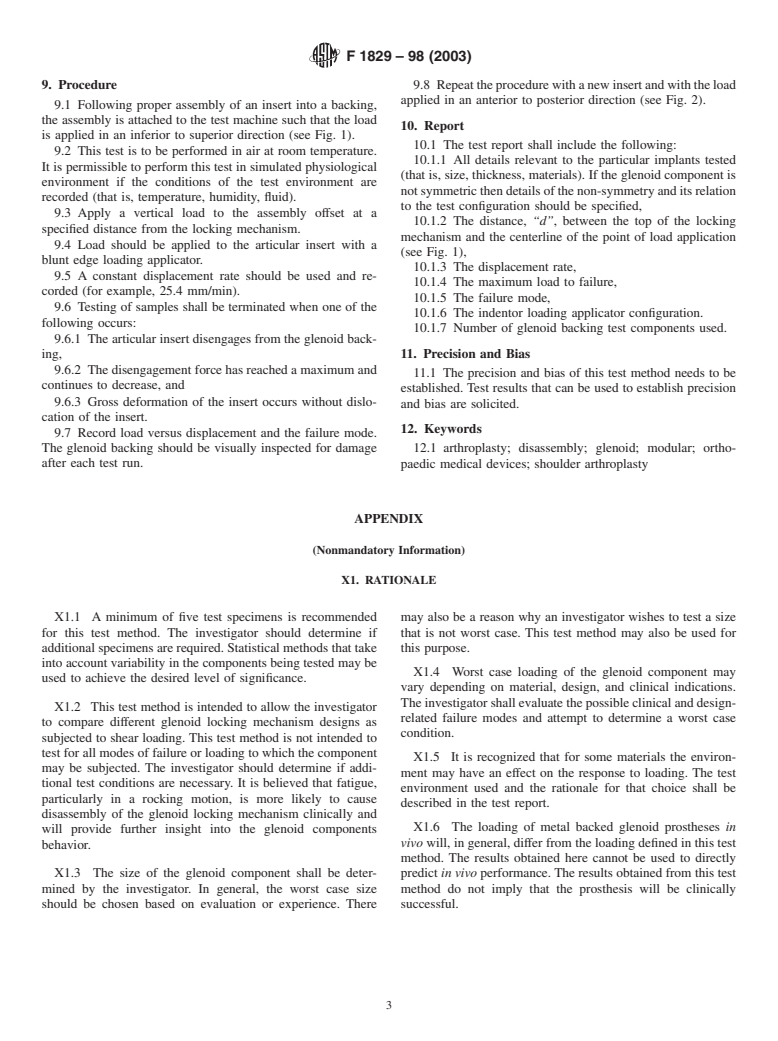 ASTM F1829-98(2003) - Standard Test Method for Static Evaluation of the Glenoid Locking Mechanism in Shear