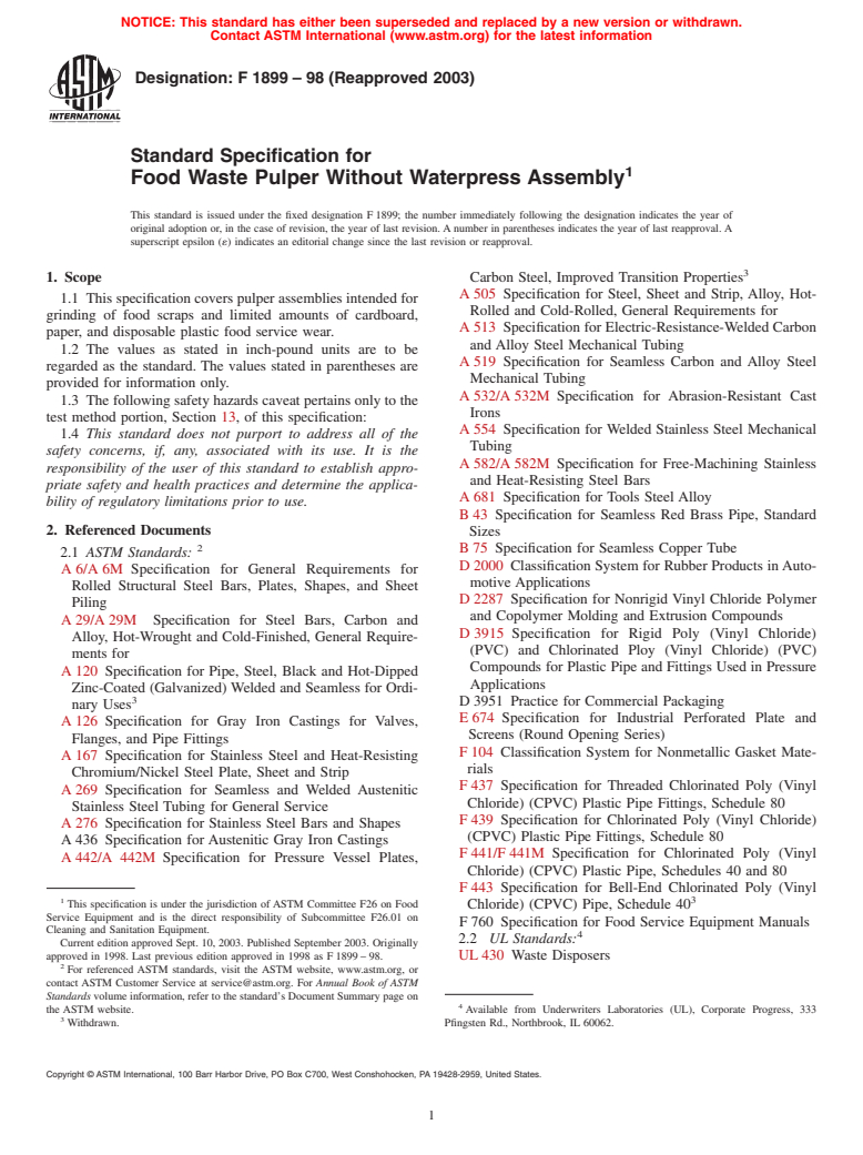 ASTM F1899-98(2003) - Standard Specification for Food Waste Pulper Without Waterpress Assembly