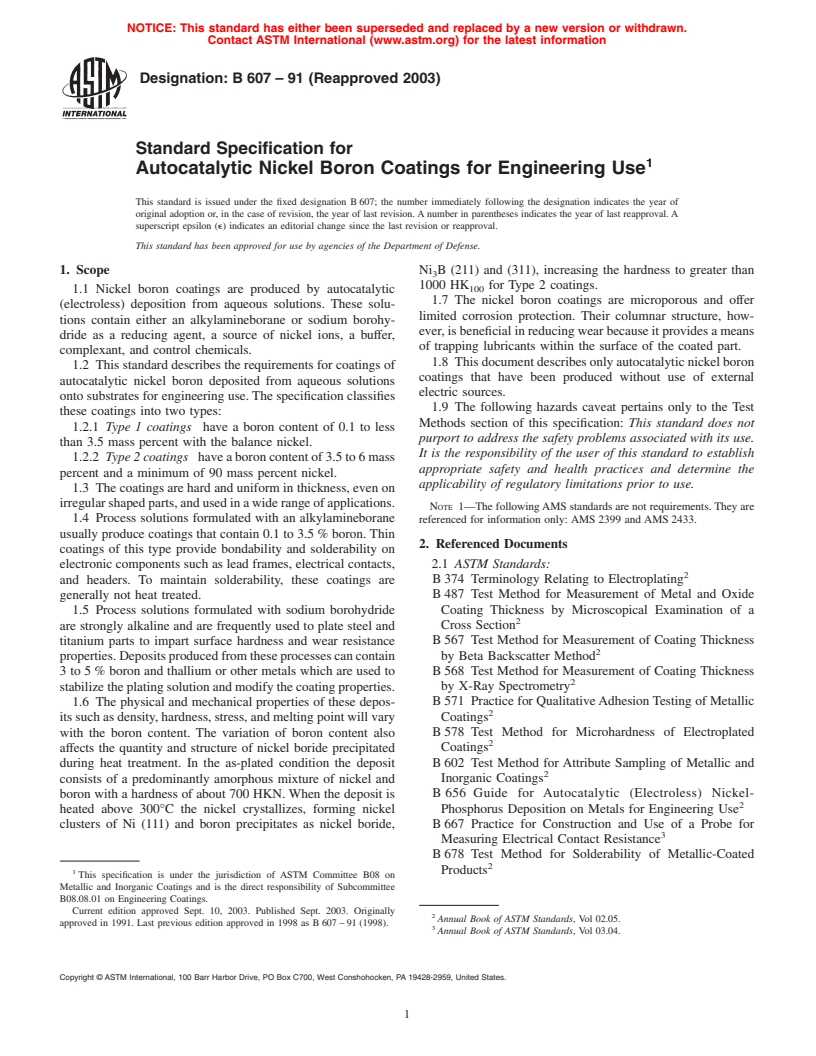 ASTM B607-91(2003) - Standard Specification for Autocatalytic Nickel Boron Coatings for Engineering Use