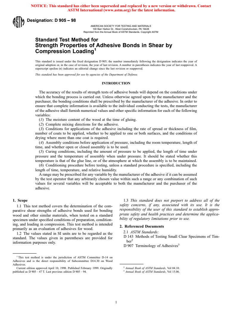 ASTM D905-98 - Standard Test Method for Strength Properties of Adhesive Bonds in Shear by Compression Loading
